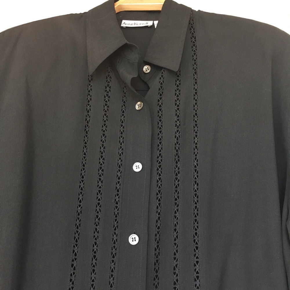 VTG Anne Klein Cutwork Black Sueded Silk Long Sleeve Blouse - NWT!
